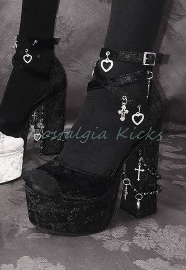 Strappy Heeled Sandals - Gothic Black Velvet Platform High Heel