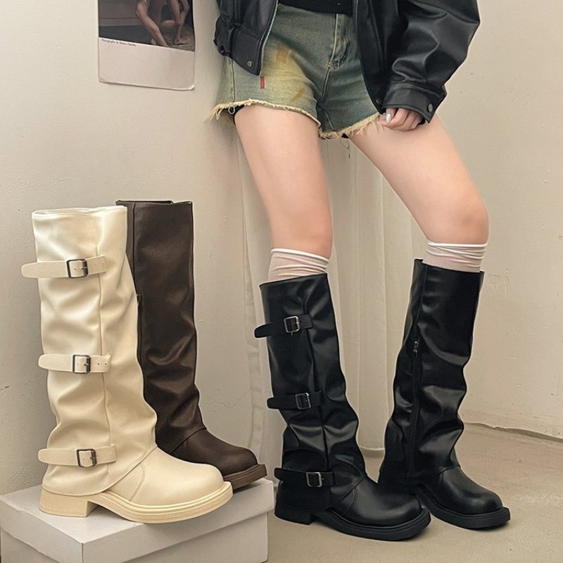Block Heel Ankle Boots - Pleated Buckle Knight Boots for Women