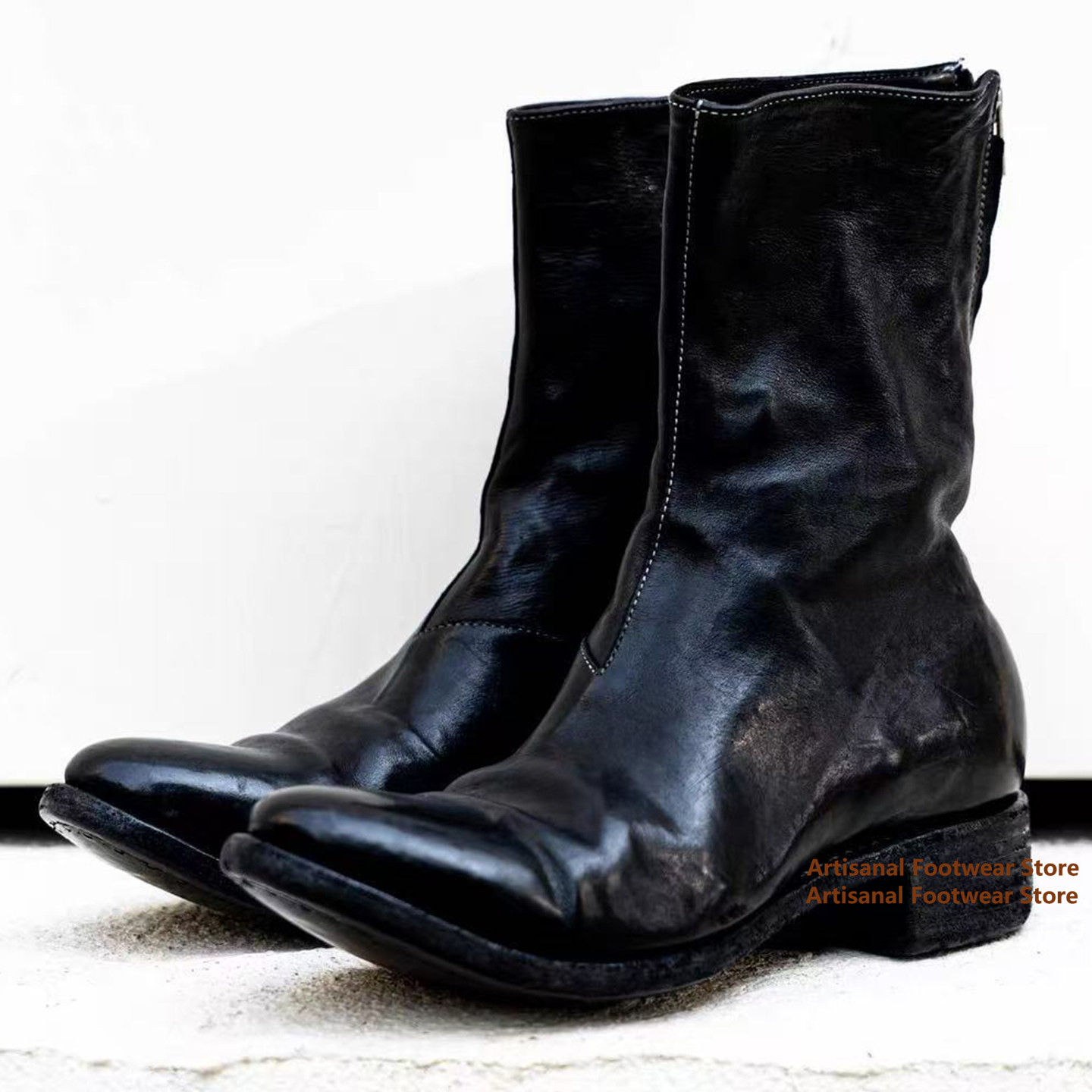Block Heel Ankle Boots - Vintage Wrinkled Leather Mid-Calf Boots Back