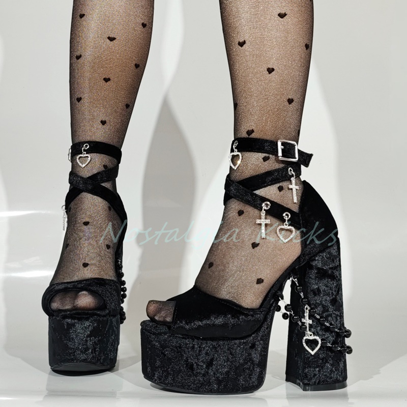 Gothic Black Velvet Platform H - đánh giá và giá Strappy Heeled Sandals