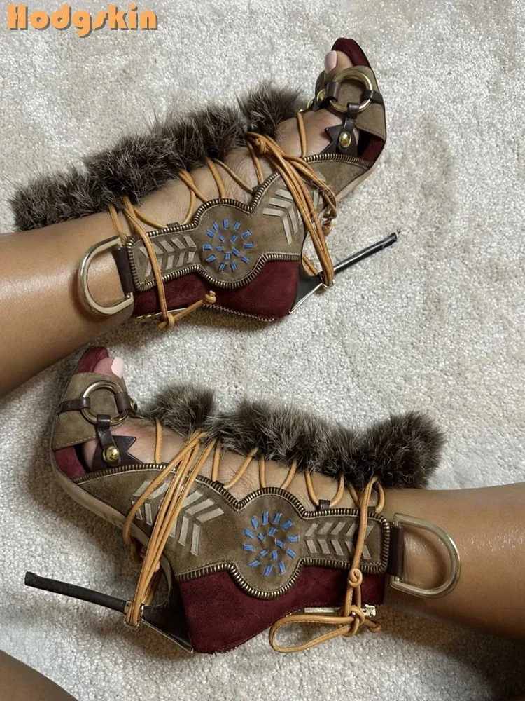 Patchwork Suede Faux Fur Decor - đánh giá và giá Strappy Heeled Sandals