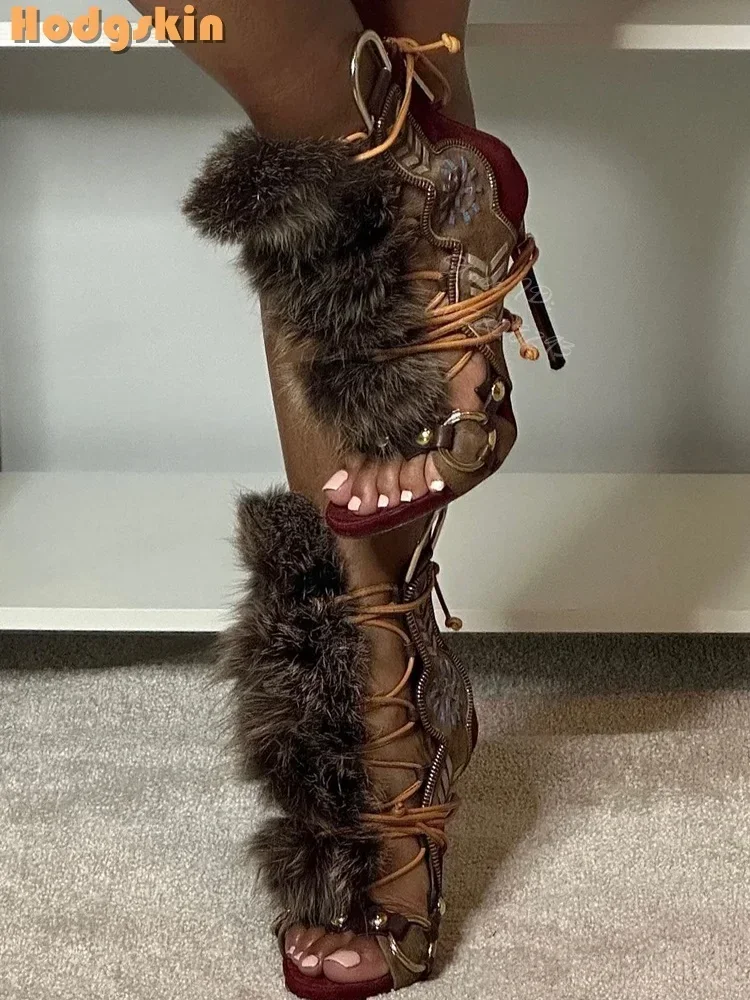 Patchwork Suede Faux Fur Decor - đánh giá và giá Strappy Heeled Sandals